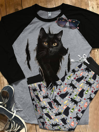 Blackcat Dark Cat Wine Pajama Set |Sleepwear Pjs Sets | Raglan Shirt Pants Set