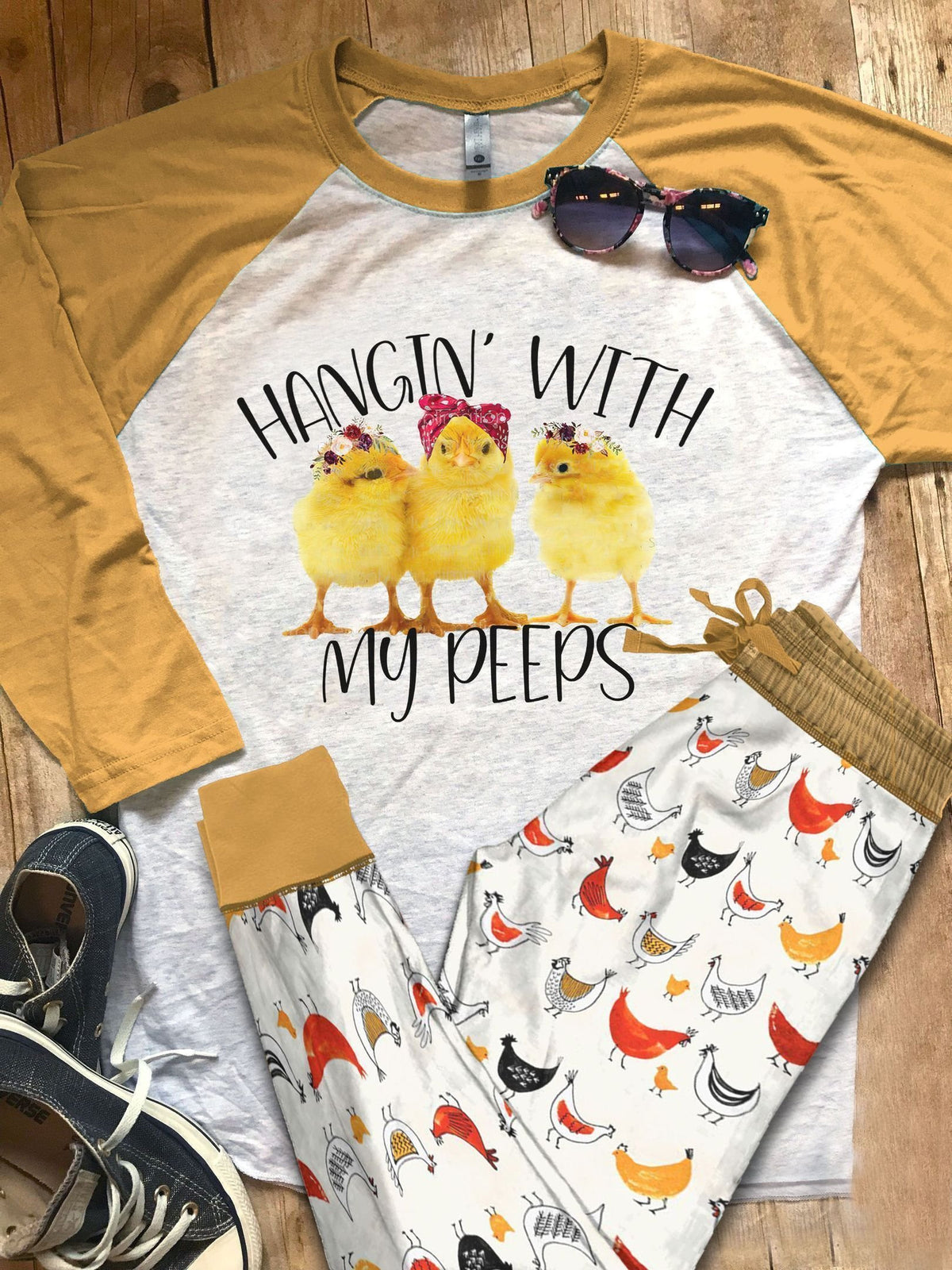 Chicken Hanging With My Peeps Pajama Set |Sleepwear Pjs Sets | Raglan Shirt Pants Set