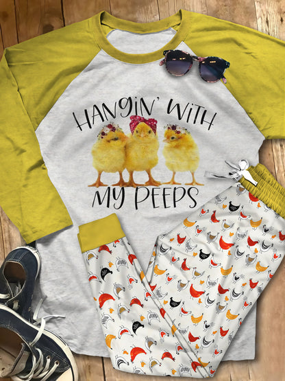 Chicken Hanging With My Peeps Pajama Set |Sleepwear Pjs Sets | Raglan Shirt Pants Set