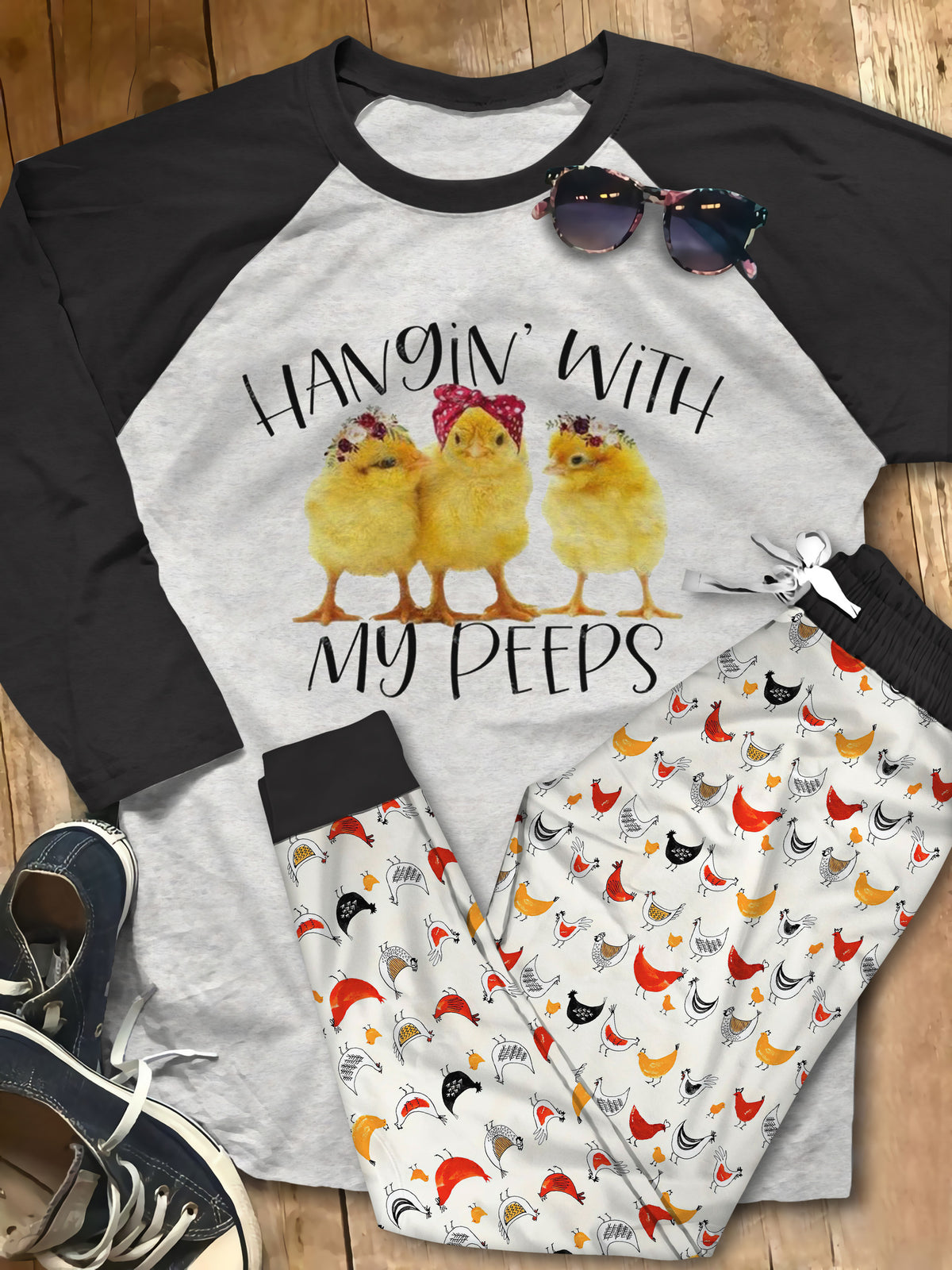 Chicken Hanging With My Peeps Pajama Set |Sleepwear Pjs Sets | Raglan Shirt Pants Set