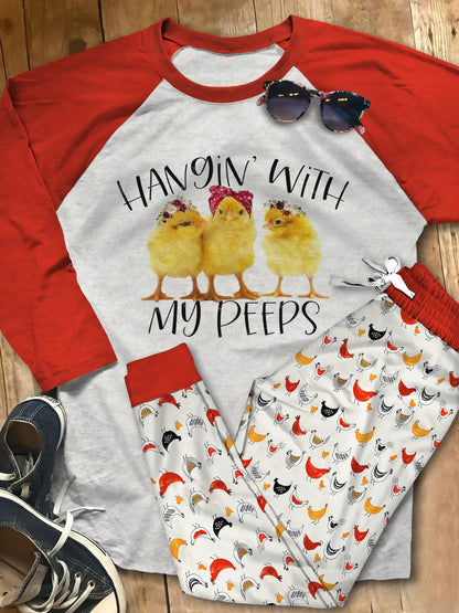 Chicken Hanging With My Peeps Pajama Set |Sleepwear Pjs Sets | Raglan Shirt Pants Set