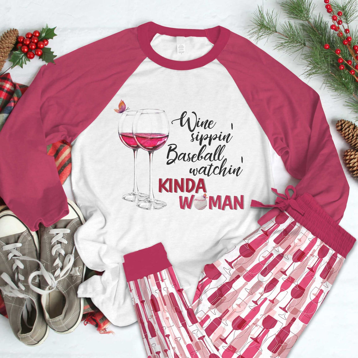 Wine Kinda Women Pajama Set |Sleepwear Pjs Sets | Raglan Shirt Pants Set