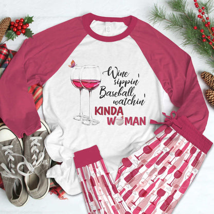 Wine Kinda Women Pajama Set |Sleepwear Pjs Sets | Raglan Shirt Pants Set