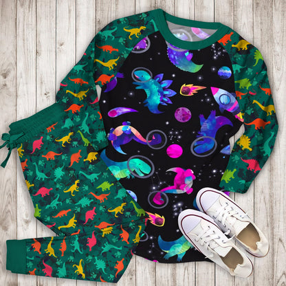 Dinosaur Astronauts In Space Pink Watercolor Pajama Set |Sleepwear Pjs Sets | Raglan Shirt Pants Set