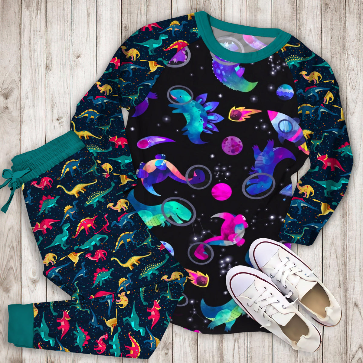 Dinosaur Astronauts In Space Pink Watercolor Pajama Set |Sleepwear Pjs Sets | Raglan Shirt Pants Set