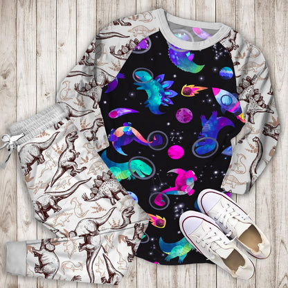 Dinosaur Astronauts In Space Pink Watercolor Pajama Set |Sleepwear Pjs Sets | Raglan Shirt Pants Set