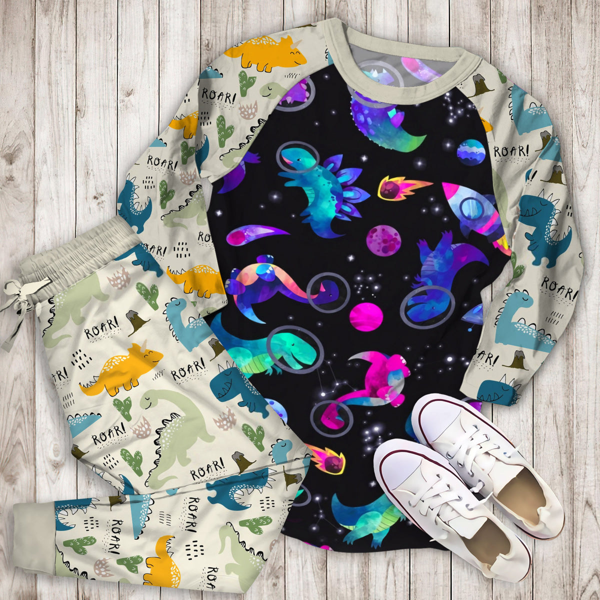 Dinosaur Astronauts In Space Pink Watercolor Pajama Set |Sleepwear Pjs Sets | Raglan Shirt Pants Set