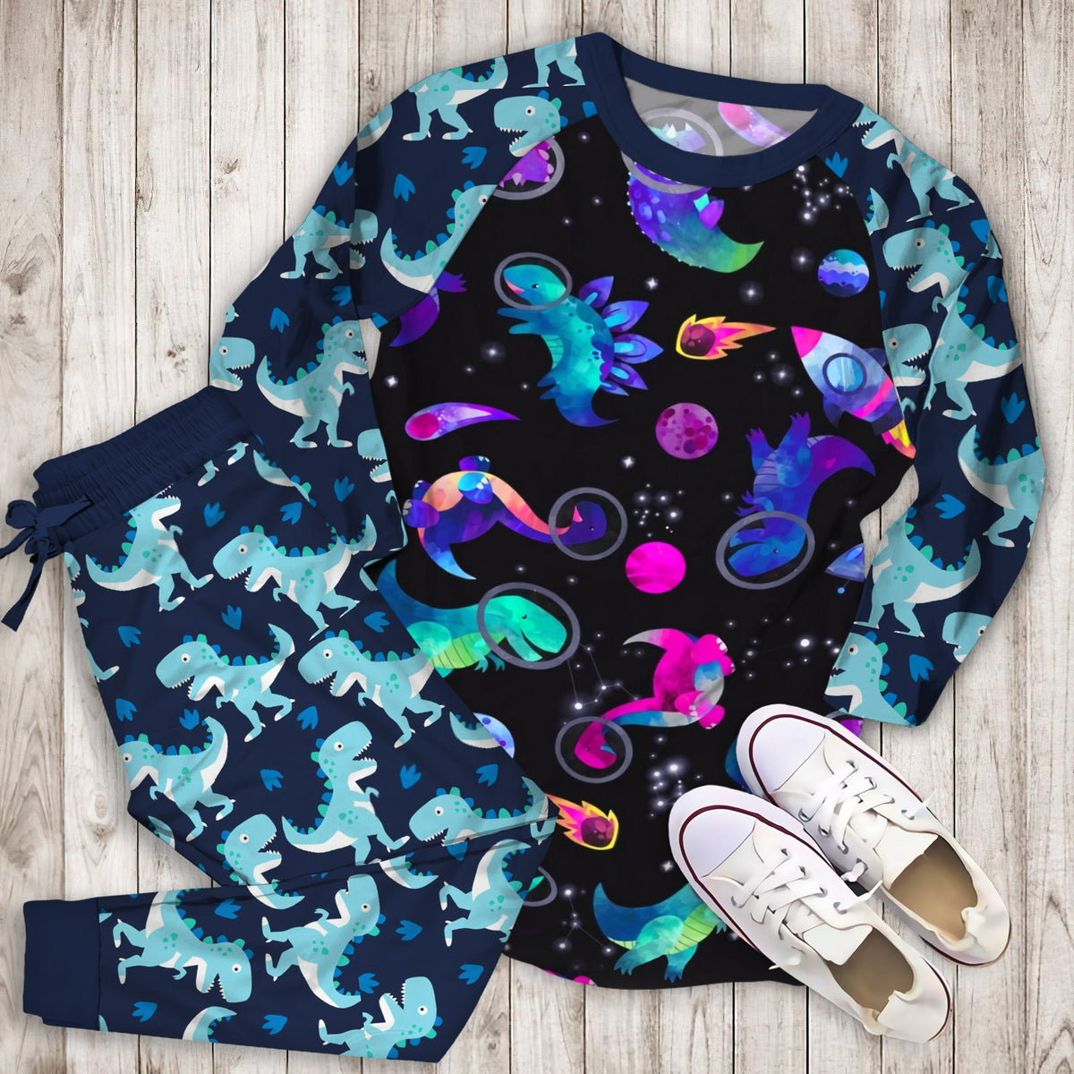 Dinosaur Astronauts In Space Pink Watercolor Pajama Set |Sleepwear Pjs Sets | Raglan Shirt Pants Set