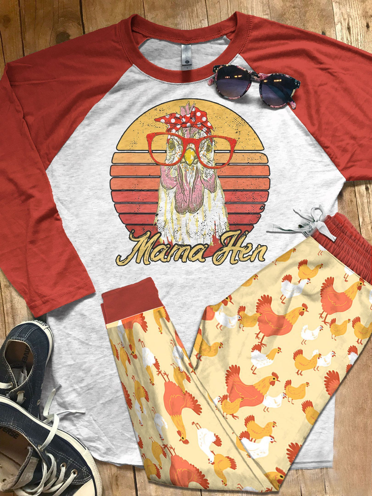 Chicken Girl Work Pajama Set |Sleepwear Pjs Sets | Raglan Shirt Pants Set