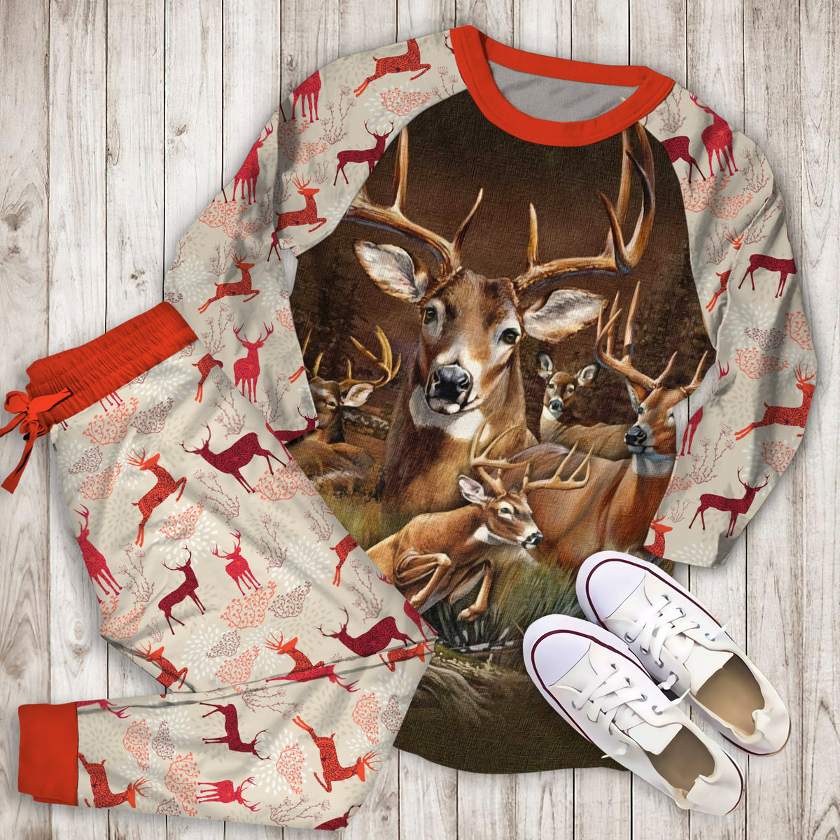 Deer Pajama Set | Pajamas | Cotton Sleepwear Sets | Soft Long Sleeve Pjs | Raglan Shirt and Pants Set