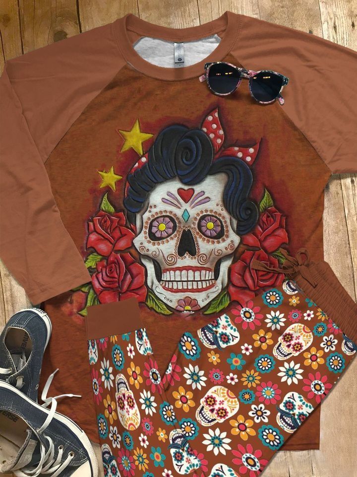 Day Of The Death Girl Pajama Set |Sleepwear Pjs Sets | Raglan Shirt Pants Set
