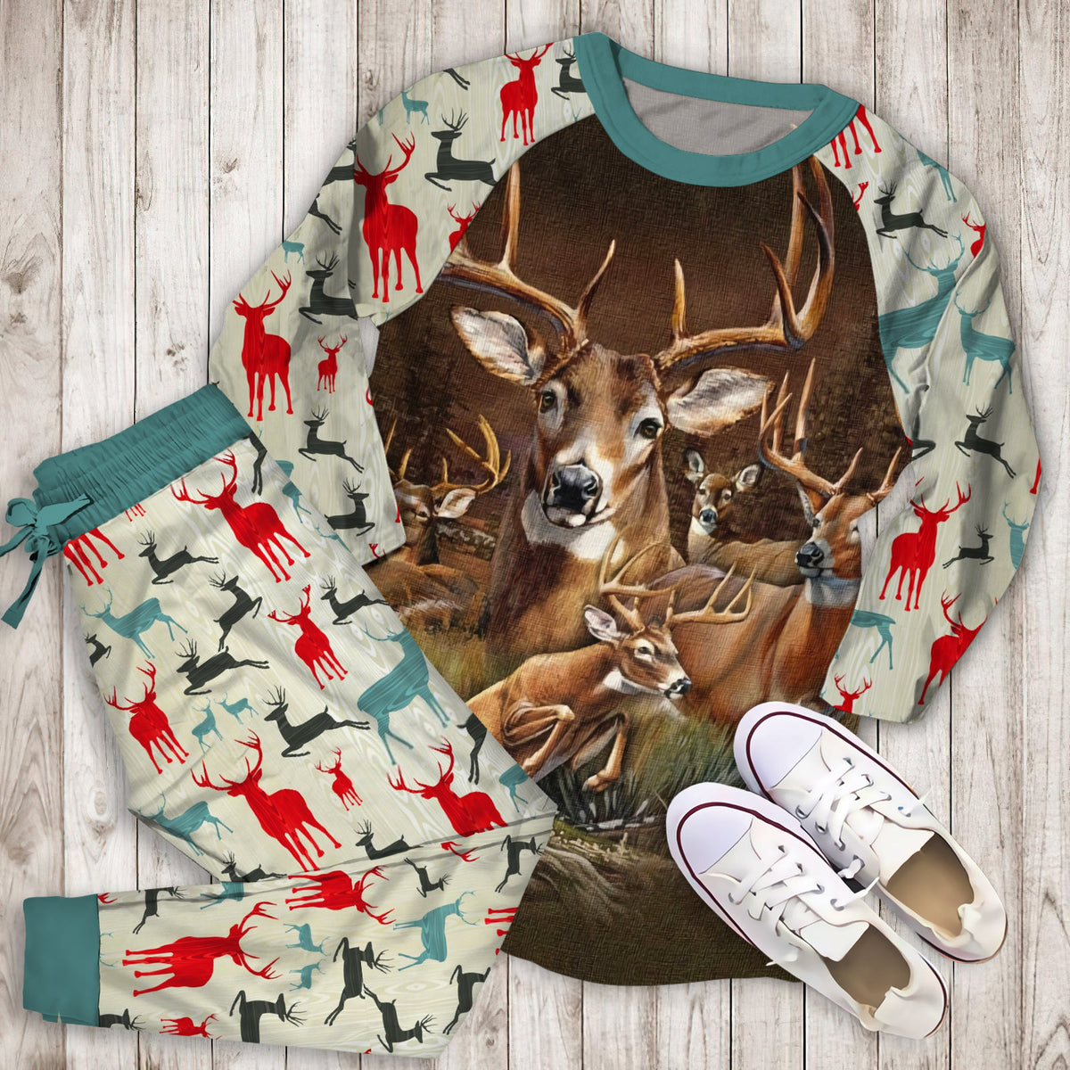 Deer Pajama Set | Pajamas | Cotton Sleepwear Sets | Soft Long Sleeve Pjs | Raglan Shirt and Pants Set