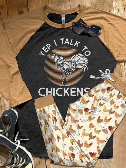 Chicken Talk To Chicken Pajama Set |Sleepwear Pjs Sets | Raglan Shirt Pants Set