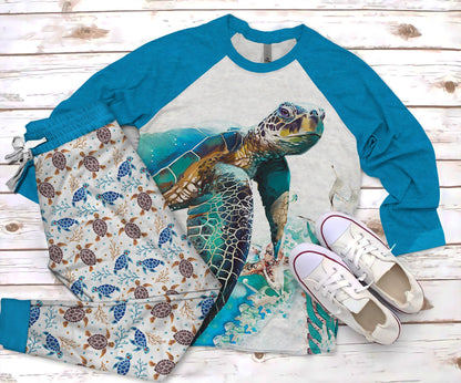 Sea Turtle Pajama Set |Sleepwear Pjs Sets | Raglan Shirt Pants Set