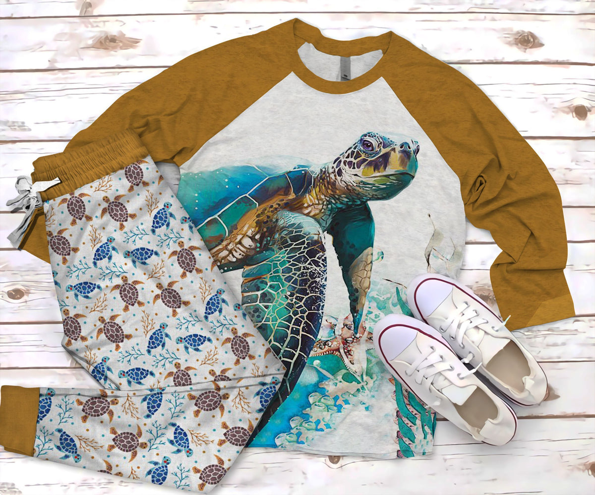 Sea Turtle Pajama Set |Sleepwear Pjs Sets | Raglan Shirt Pants Set
