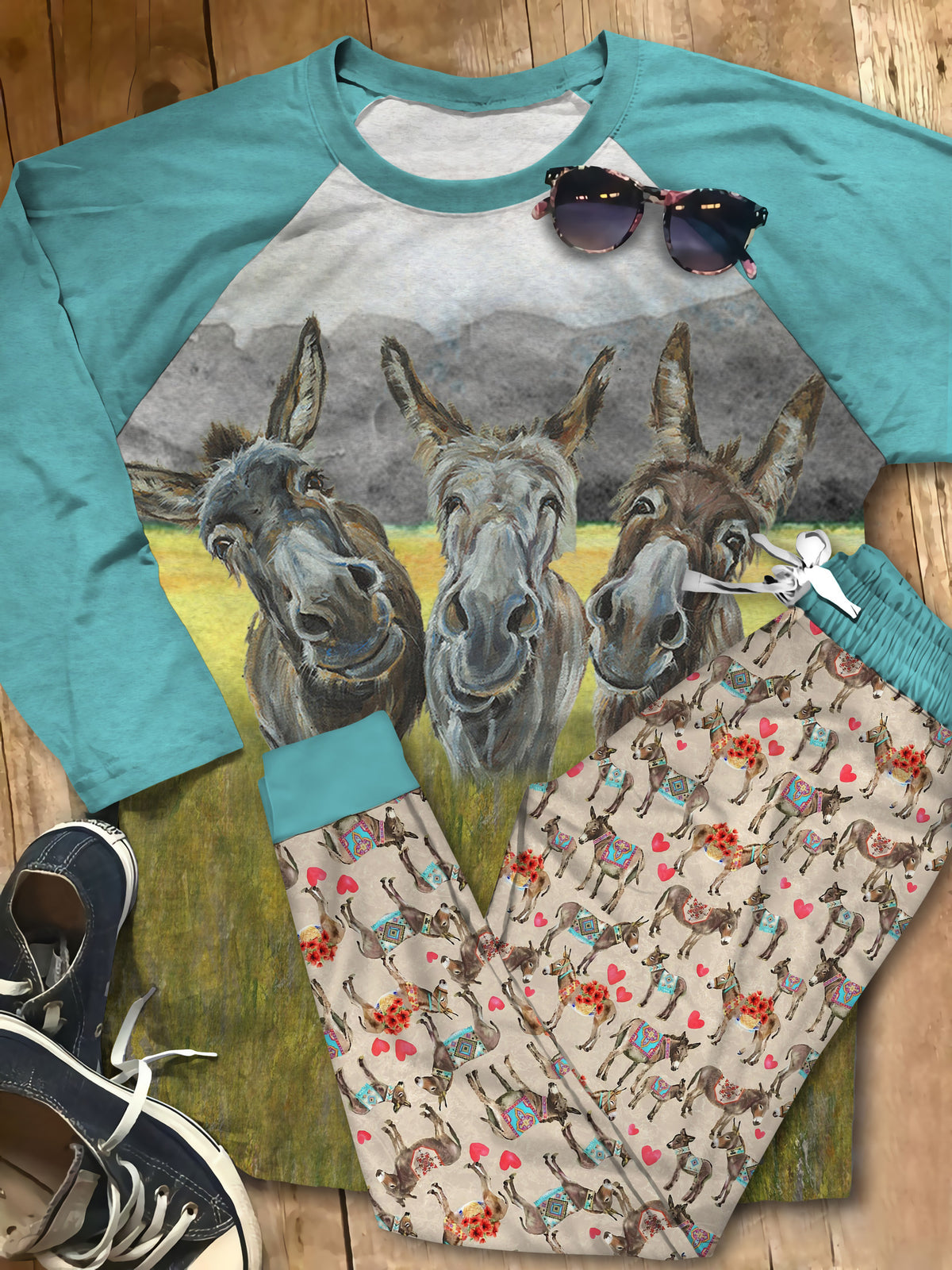Donkey Three Donkeys Pajama Set |Sleepwear Pjs Sets | Raglan Shirt Pants Set