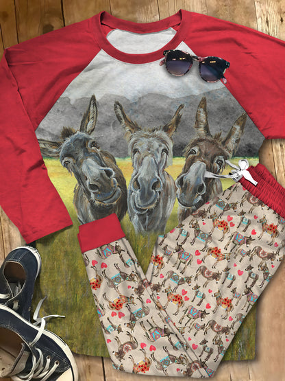 Donkey Three Donkeys Pajama Set |Sleepwear Pjs Sets | Raglan Shirt Pants Set