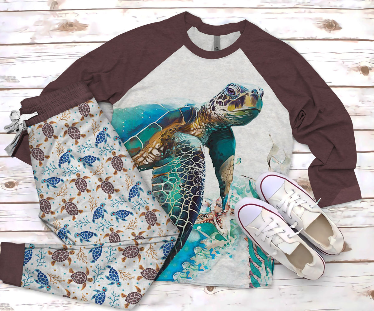 Sea Turtle Pajama Set |Sleepwear Pjs Sets | Raglan Shirt Pants Set