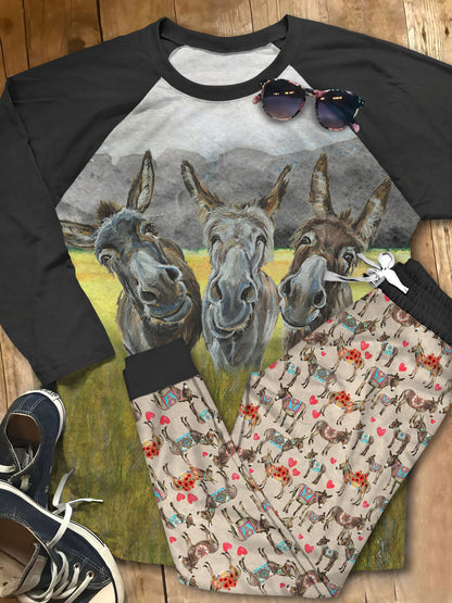 Donkey Three Donkeys Pajama Set |Sleepwear Pjs Sets | Raglan Shirt Pants Set