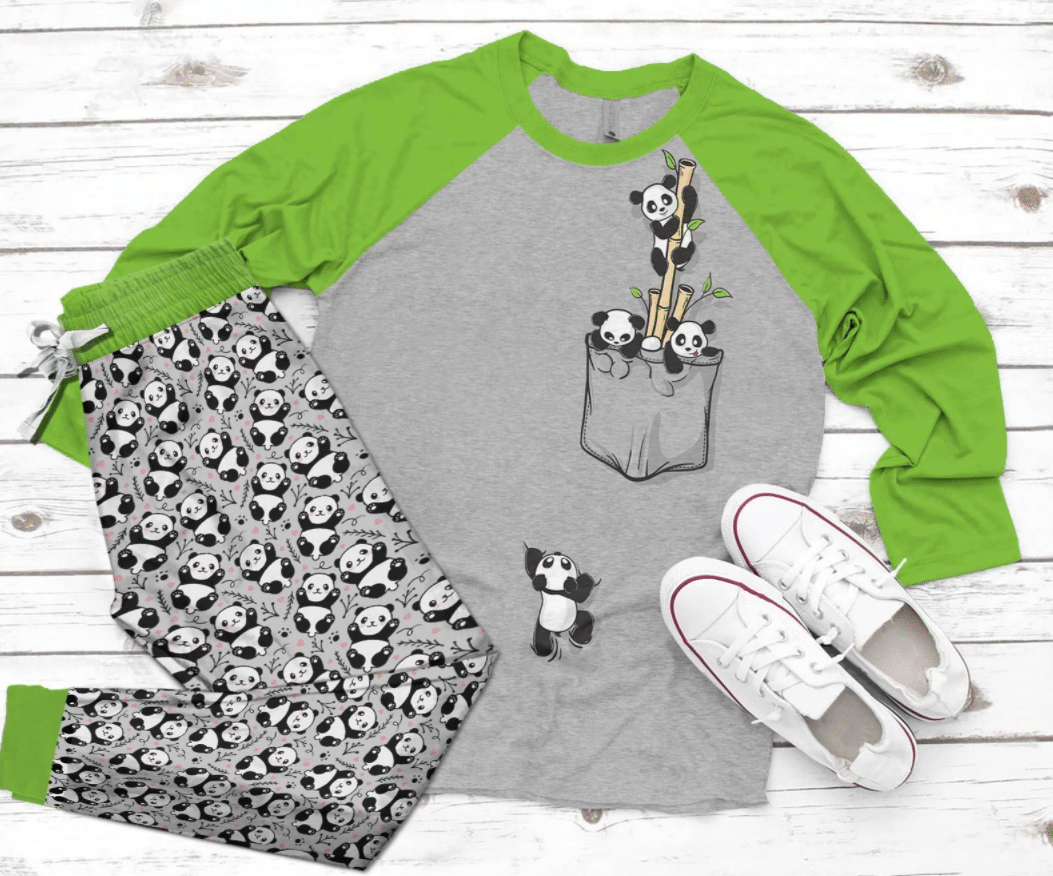 Panda Pocket Pajama Set |Sleepwear Pjs Sets | Raglan Shirt Pants Set