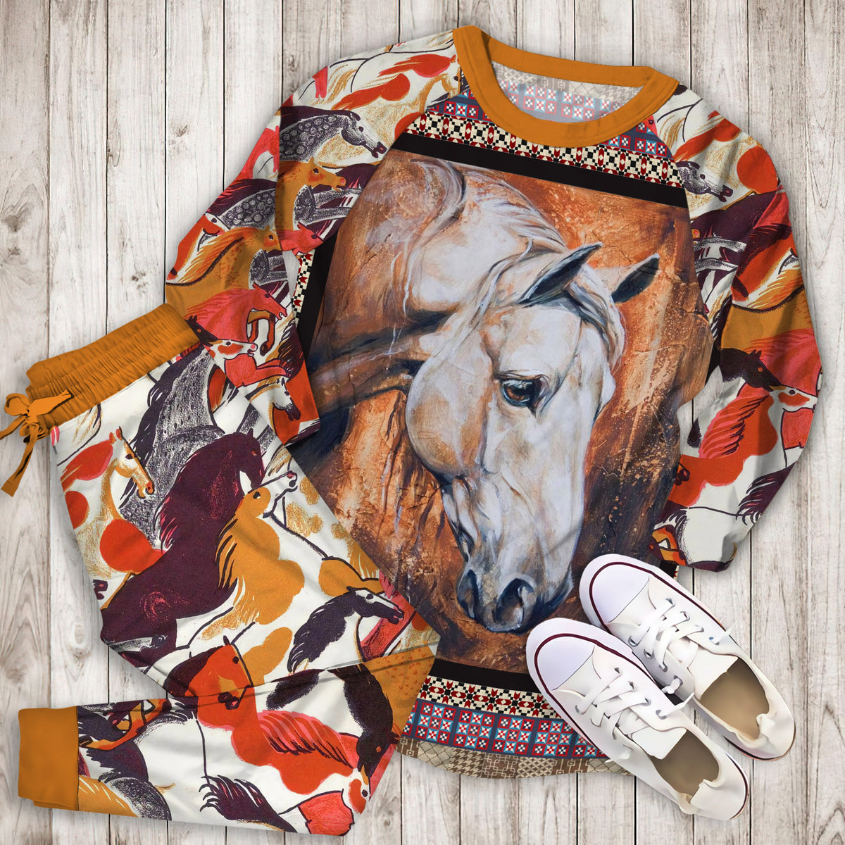 Horse Pajama Set | Pajamas | Cotton Sleepwear Sets | Soft Long Sleeve Pjs | Raglan Shirt and Pants Set