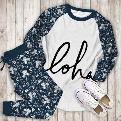 Aloha Hawaii Typography Pajama Set |Sleepwear Pjs Sets | Raglan Shirt Pants Set