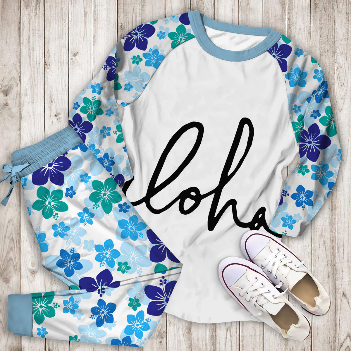 Aloha Hawaii Typography Pajama Set |Sleepwear Pjs Sets | Raglan Shirt Pants Set