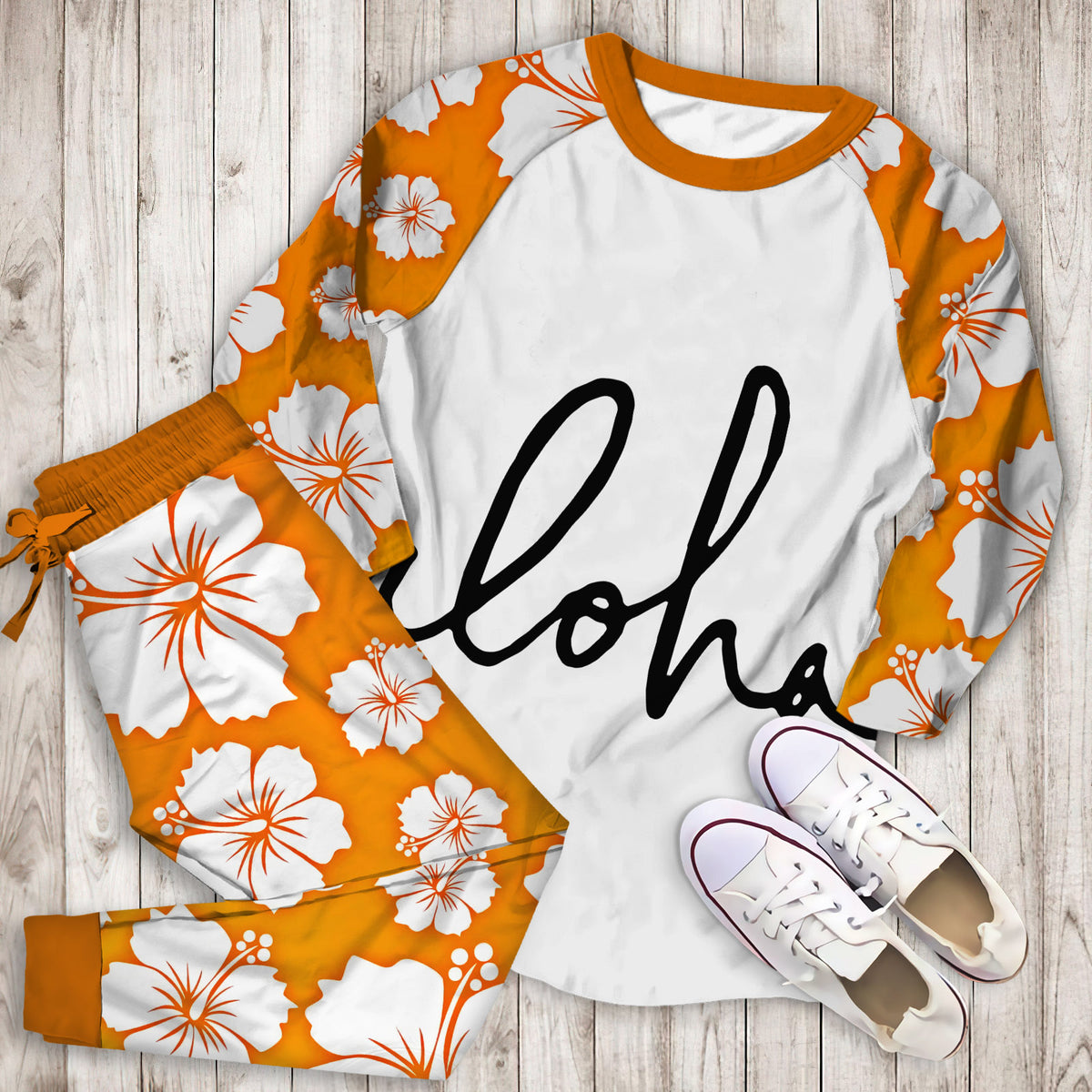 Aloha Hawaii Typography Pajama Set |Sleepwear Pjs Sets | Raglan Shirt Pants Set