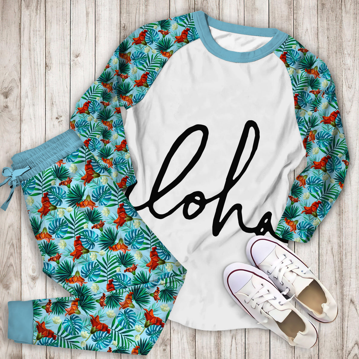 Aloha Hawaii Typography Pajama Set |Sleepwear Pjs Sets | Raglan Shirt Pants Set