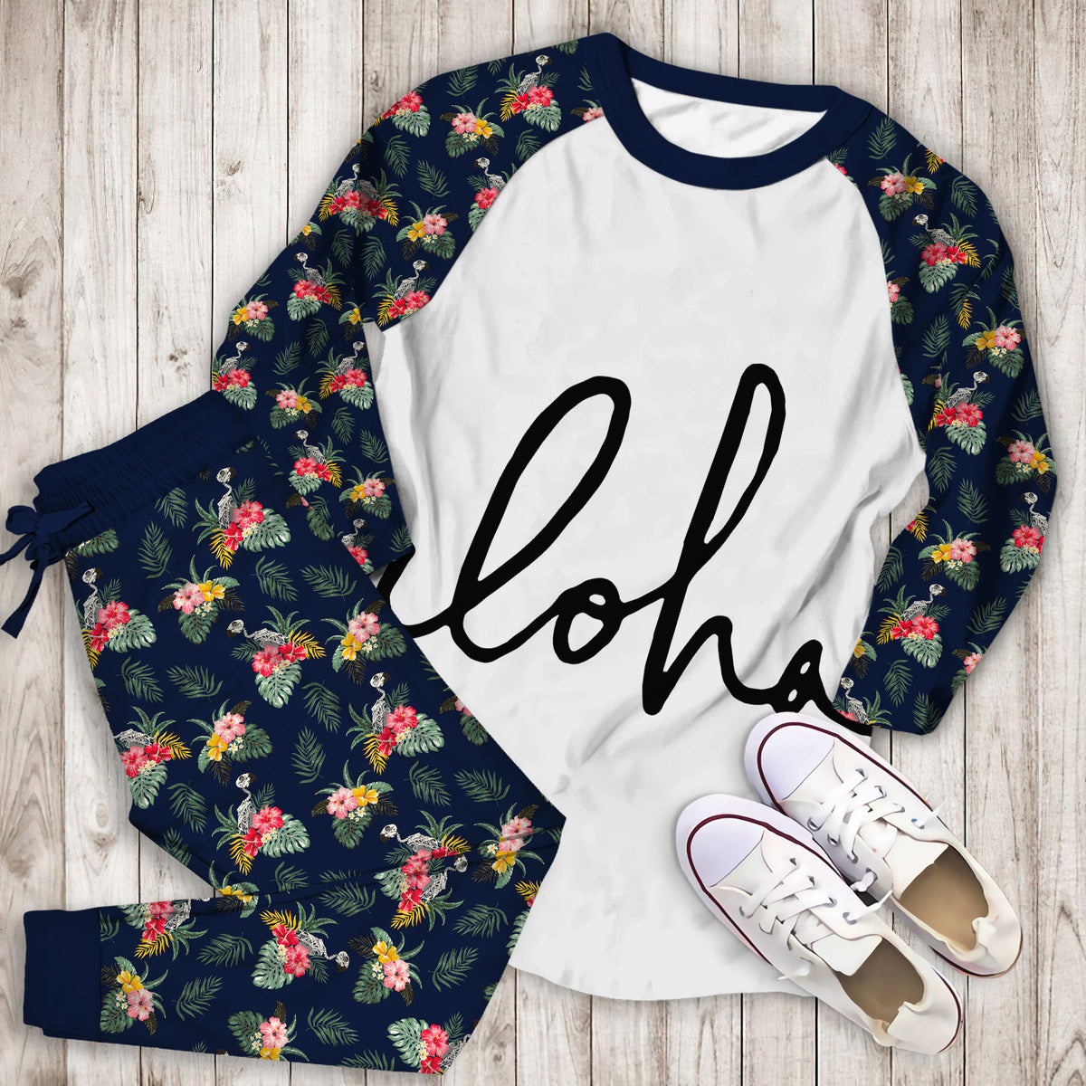 Aloha Hawaii Typography Pajama Set |Sleepwear Pjs Sets | Raglan Shirt Pants Set