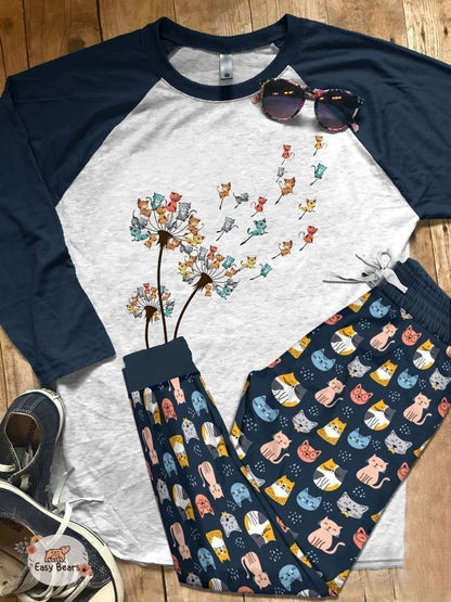 Cat Dandelion Pajama Set |Sleepwear Pjs Sets | Raglan Shirt Pants Set