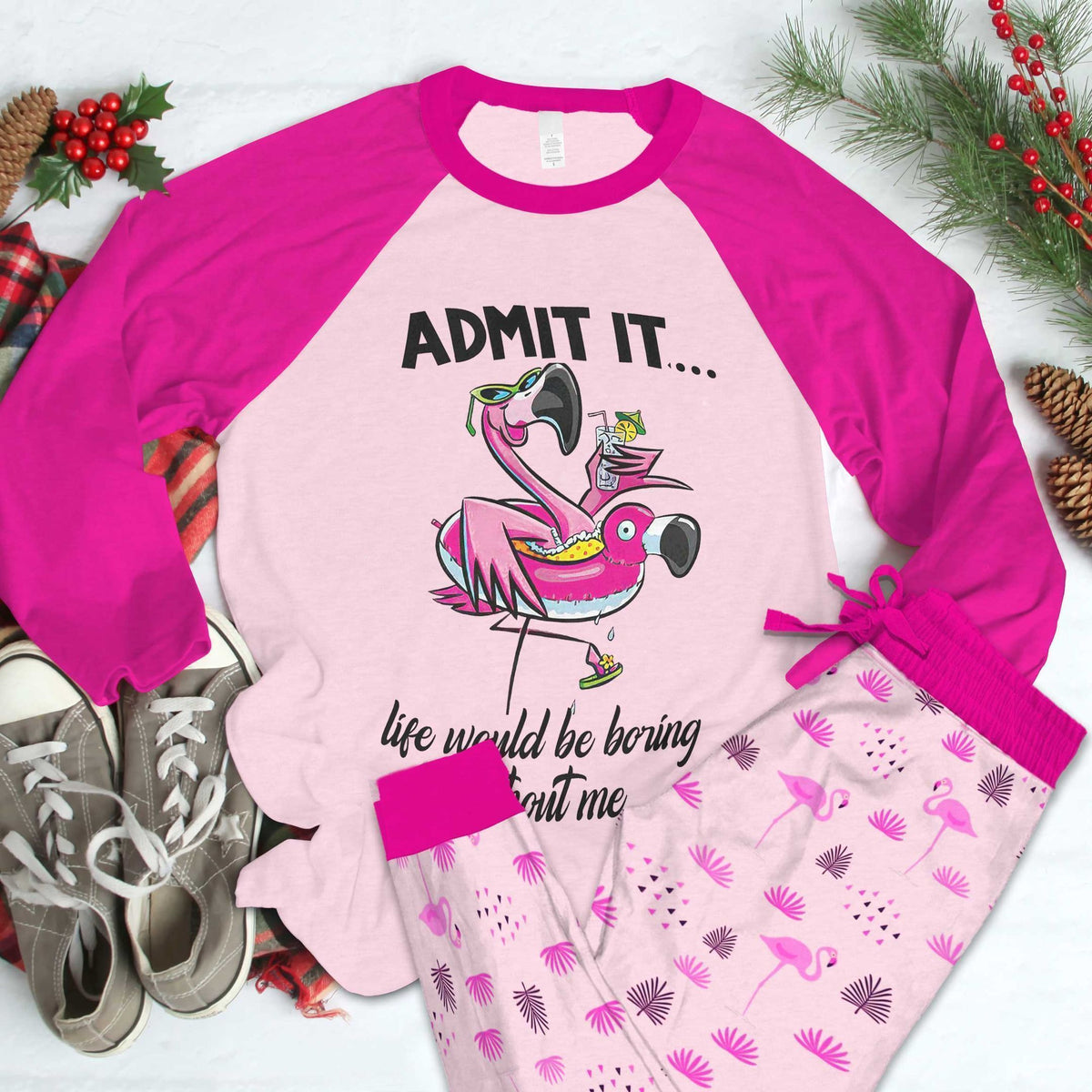 Flamingo Admit Pajama Set |Sleepwear Pjs Sets | Raglan Shirt Pants Set