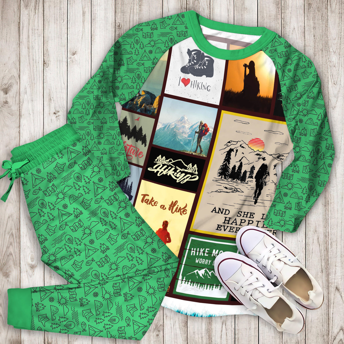 Hiking Woman Pajama Set | Pajamas | Cotton Sleepwear Sets | Soft Long Sleeve Pjs | Raglan Shirt and Pants Set