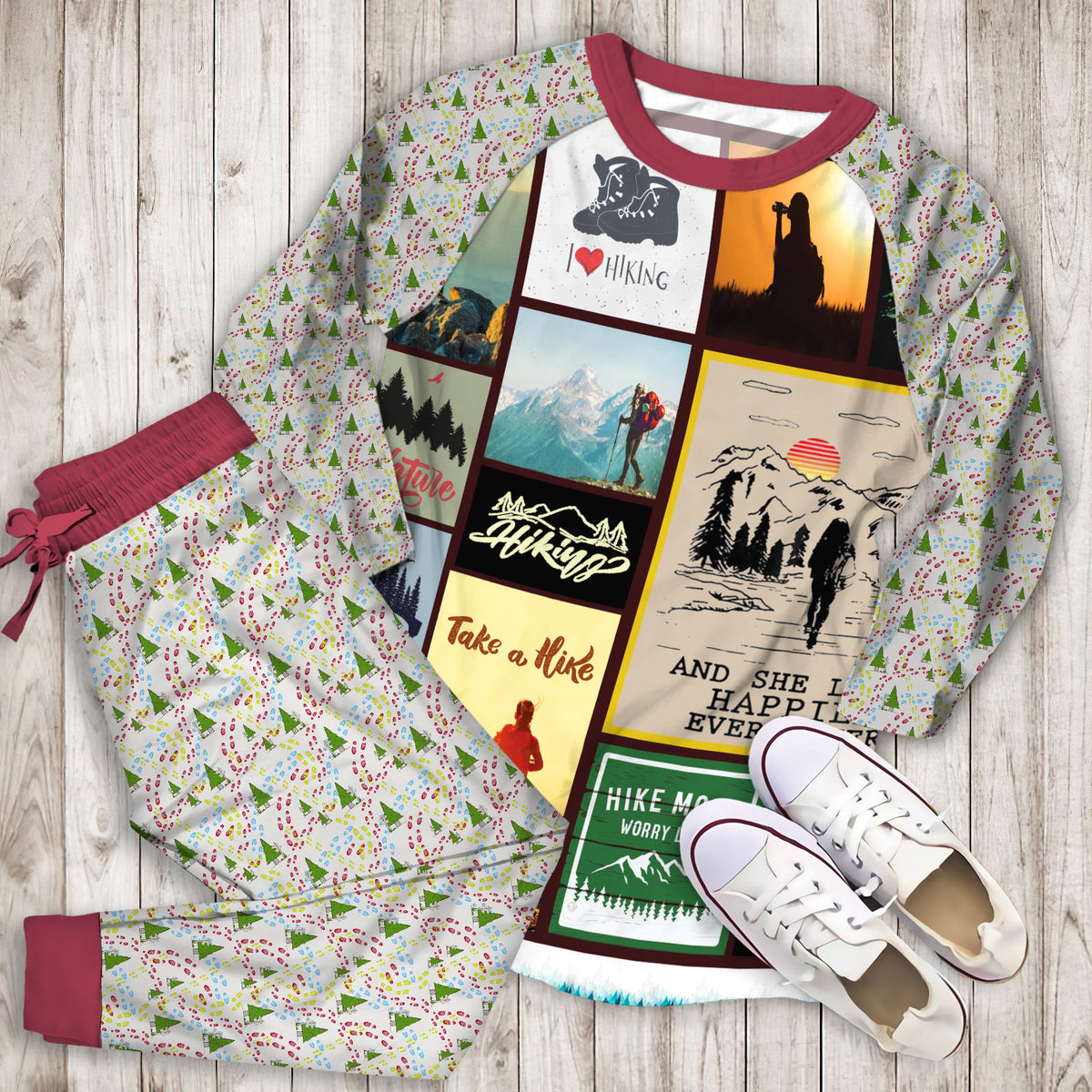 Hiking Woman Pajama Set | Pajamas | Cotton Sleepwear Sets | Soft Long Sleeve Pjs | Raglan Shirt and Pants Set
