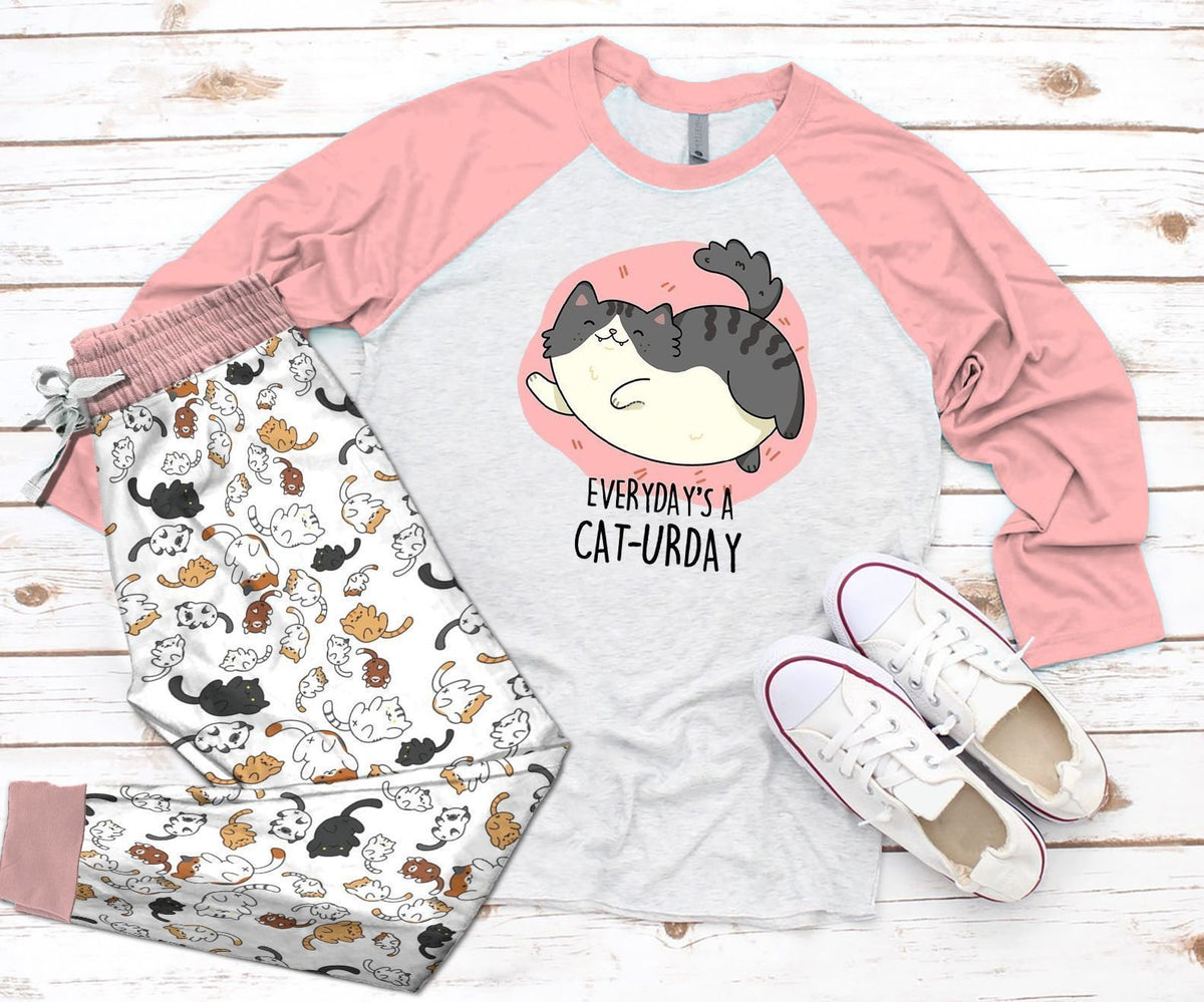 Cat Caturday Pajama Set |Sleepwear Pjs Sets | Raglan Shirt Pants Set