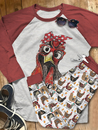 Chicken Lady Pajama Set |Sleepwear Pjs Sets | Raglan Shirt Pants Set