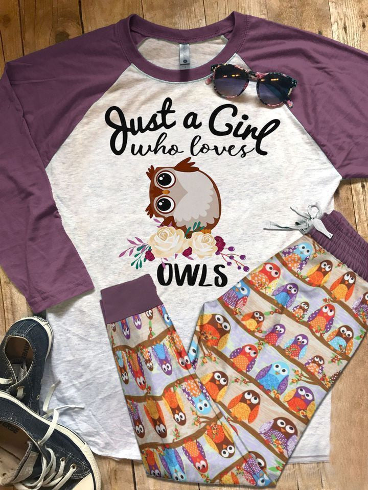 Owl Love Cute Owls Pajama Set |Sleepwear Pjs Sets | Raglan Shirt Pants Set