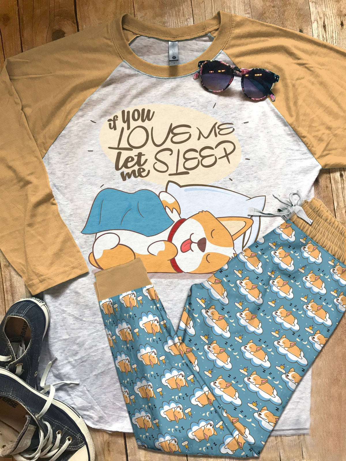 Corgi You So Sweet Pajama Set |Sleepwear Pjs Sets | Raglan Shirt Pants Set