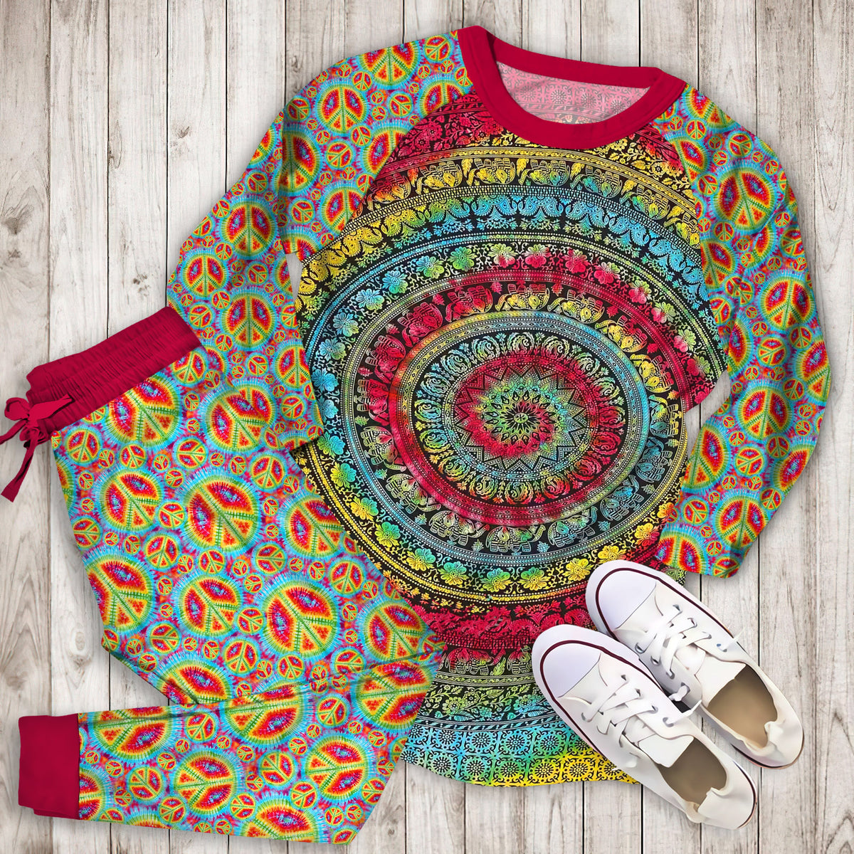Hippie Tie Dye Pajama Set | Pajamas | Cotton Sleepwear Sets | Soft Long Sleeve Pjs | Raglan Shirt and Pants Set