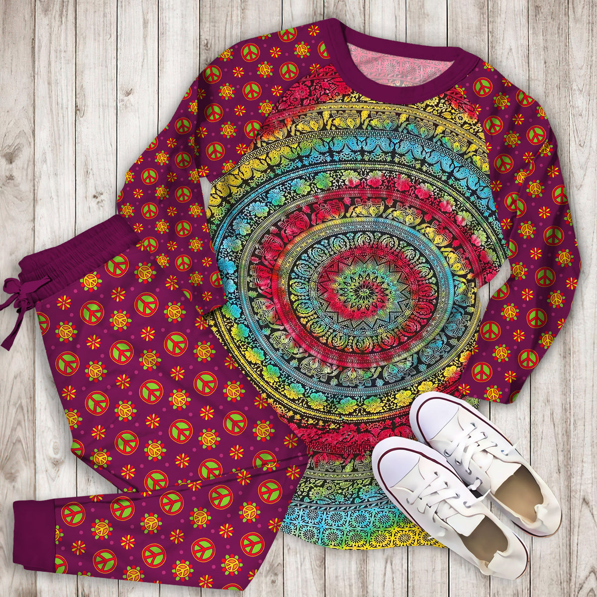 Hippie Tie Dye Pajama Set | Pajamas | Cotton Sleepwear Sets | Soft Long Sleeve Pjs | Raglan Shirt and Pants Set