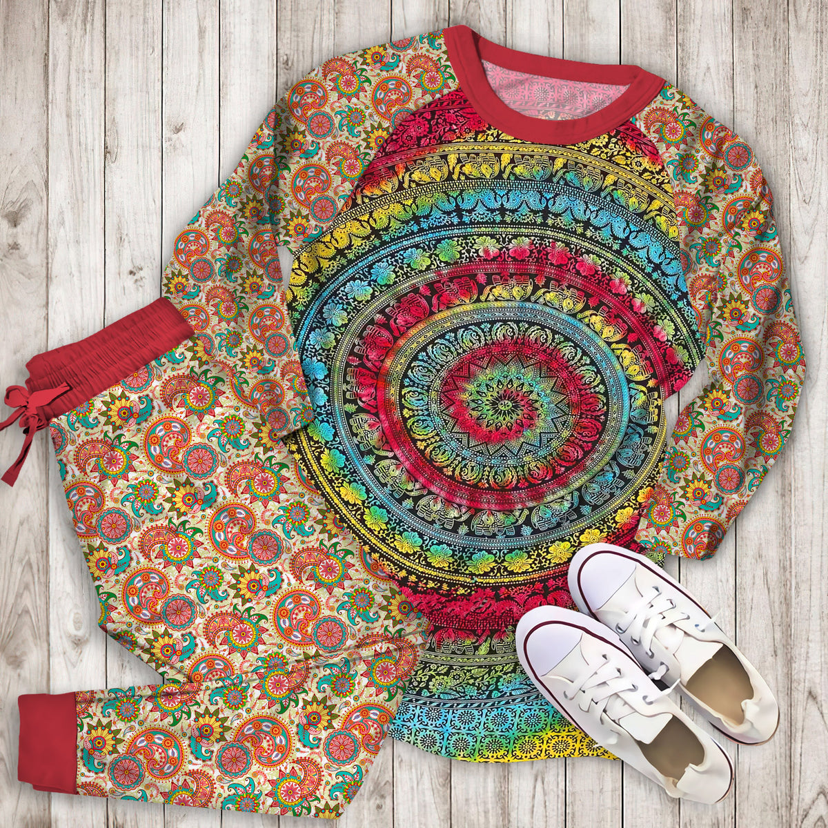 Hippie Tie Dye Pajama Set | Pajamas | Cotton Sleepwear Sets | Soft Long Sleeve Pjs | Raglan Shirt and Pants Set