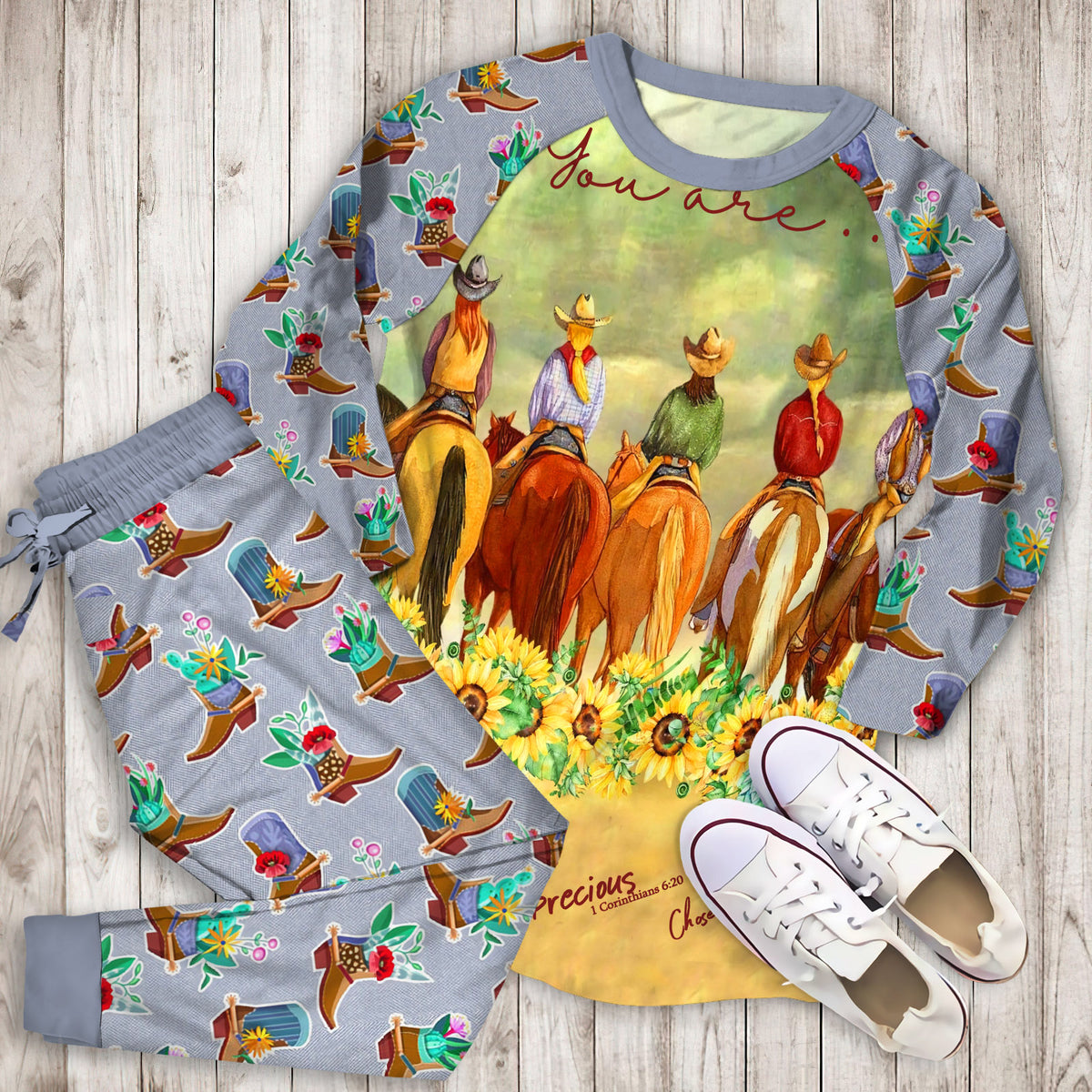 Cowgirl And Horses Pajama Set |Sleepwear Pjs Sets | Raglan Shirt Pants Set