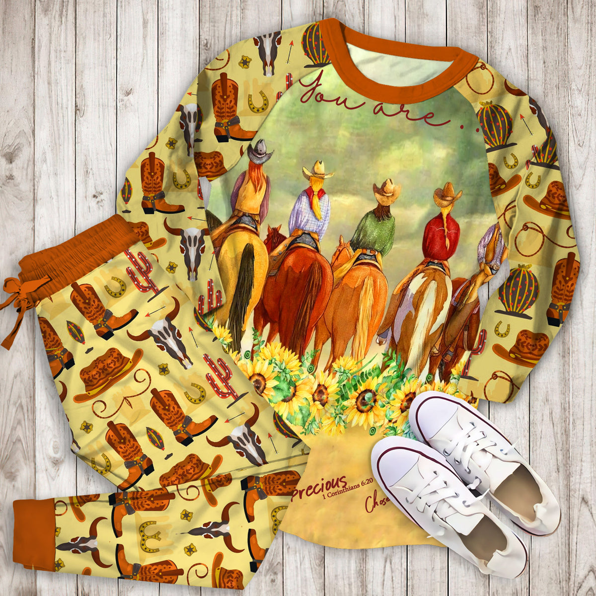 Cowgirl And Horses Pajama Set |Sleepwear Pjs Sets | Raglan Shirt Pants Set