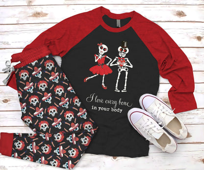 Day Of The Dead Happy Sugar Skull Pajama Set |Sleepwear Pjs Sets | Raglan Shirt Pants Set