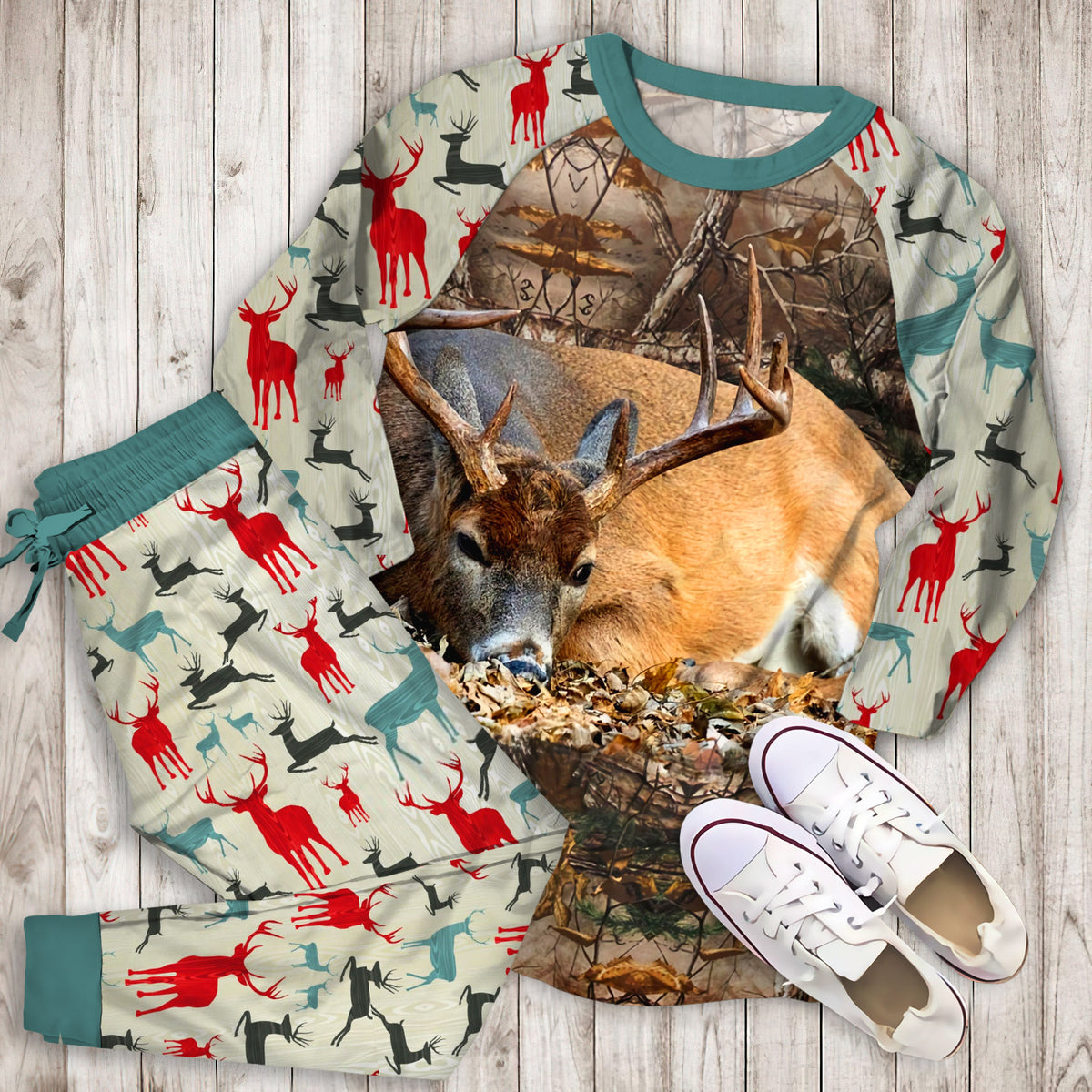 Deer Camo Pajama Set | Pajamas | Cotton Sleepwear Sets | Soft Long Sleeve Pjs | Raglan Shirt and Pants Set