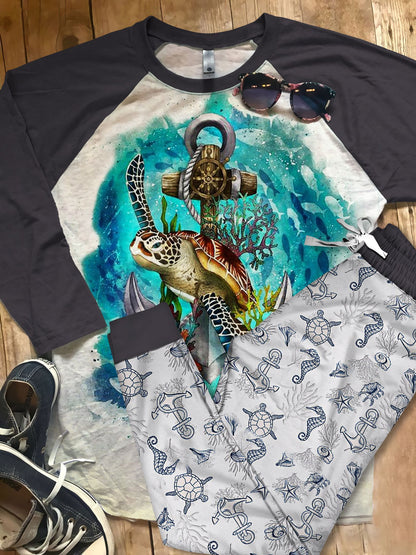 Sea Turtle The Great Pajama Set |Sleepwear Pjs Sets | Raglan Shirt Pants Set