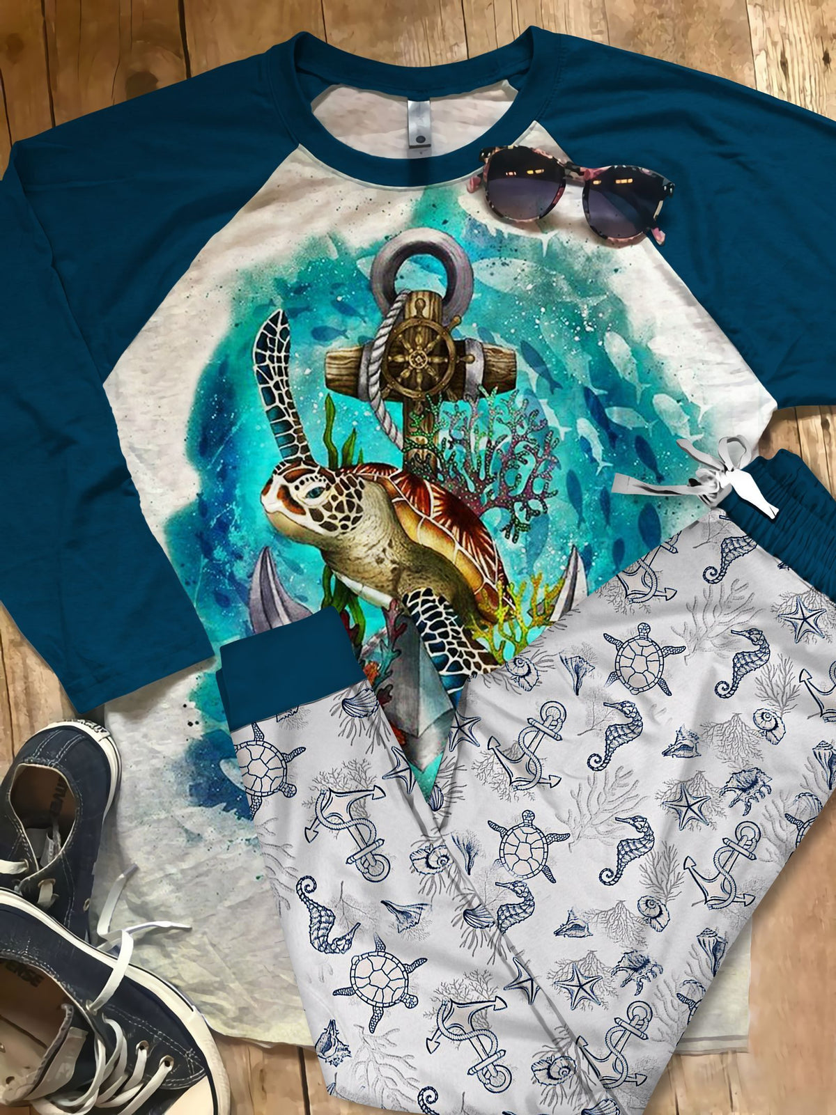 Sea Turtle The Great Pajama Set |Sleepwear Pjs Sets | Raglan Shirt Pants Set