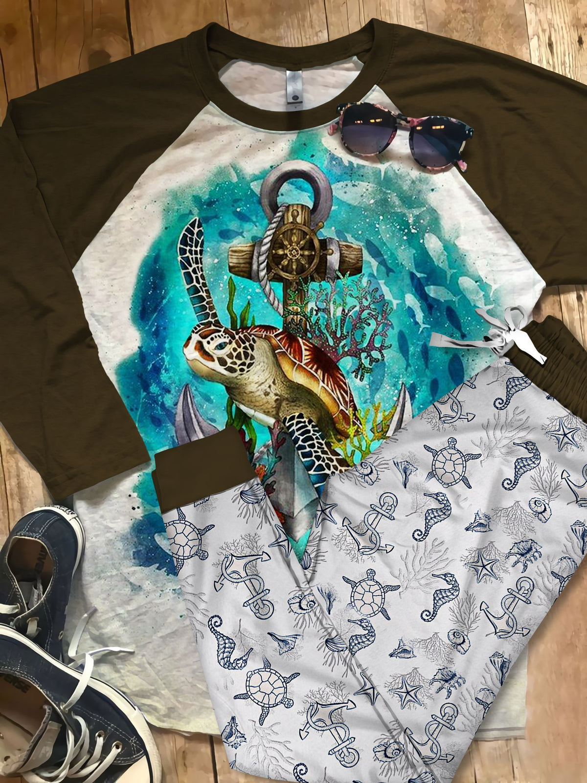 Sea Turtle The Great Pajama Set |Sleepwear Pjs Sets | Raglan Shirt Pants Set