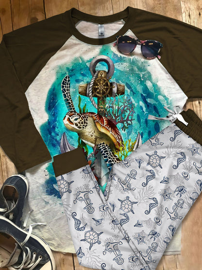Sea Turtle The Great Pajama Set |Sleepwear Pjs Sets | Raglan Shirt Pants Set