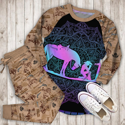 Cowgirl And Her Horse Kneeling At The Cross Pajama Set |Sleepwear Pjs Sets | Raglan Shirt Pants Set